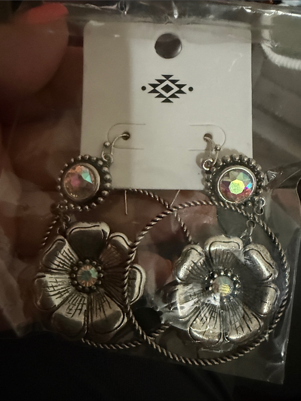 Silver-Tone Floral Hoop Earrings with Iridescent Accents
